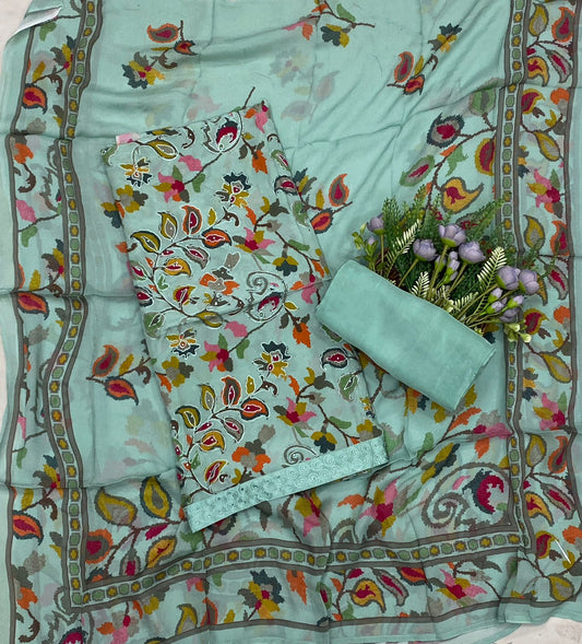 618C Crepe Aari Embroidery Sea Blue Suit Fabric / CKC Crepe Suits