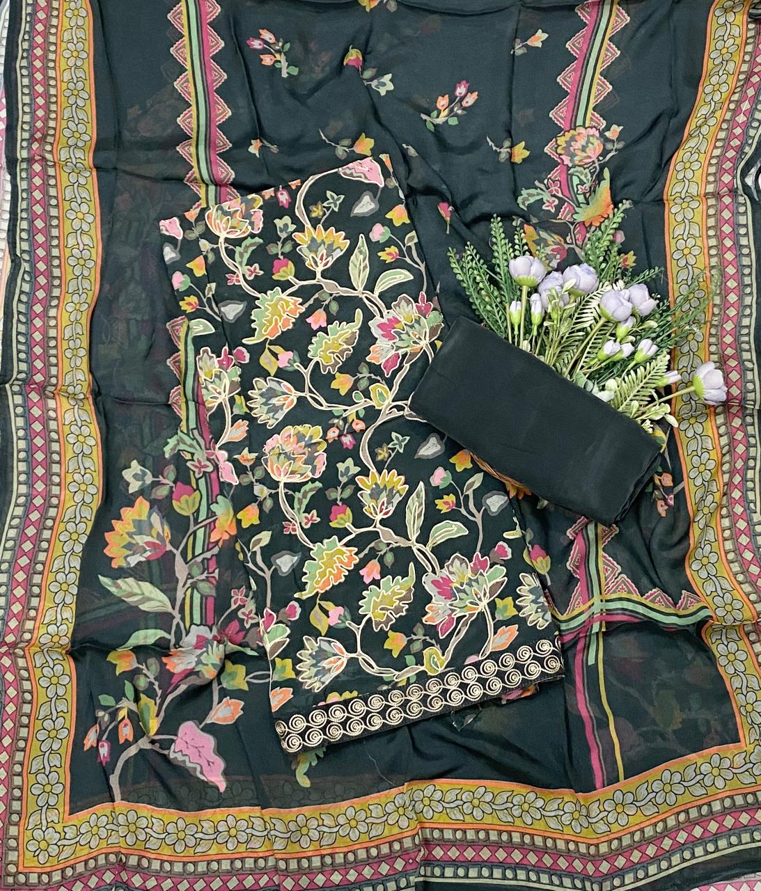 625C Crepe Aari Embroidery Charcoal Black Suit Fabric / CKC Crepe Suits