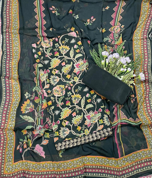 625C Crepe Aari Embroidery Charcoal Black Suit Fabric / CKC Crepe Suits