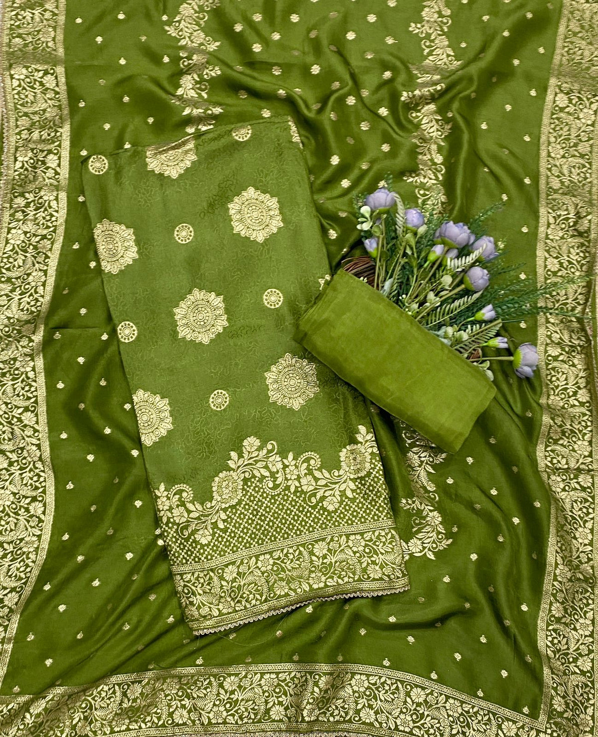 658C Dola Silk Mehndi Green Suit Fabric/ CKC Partywear Collection