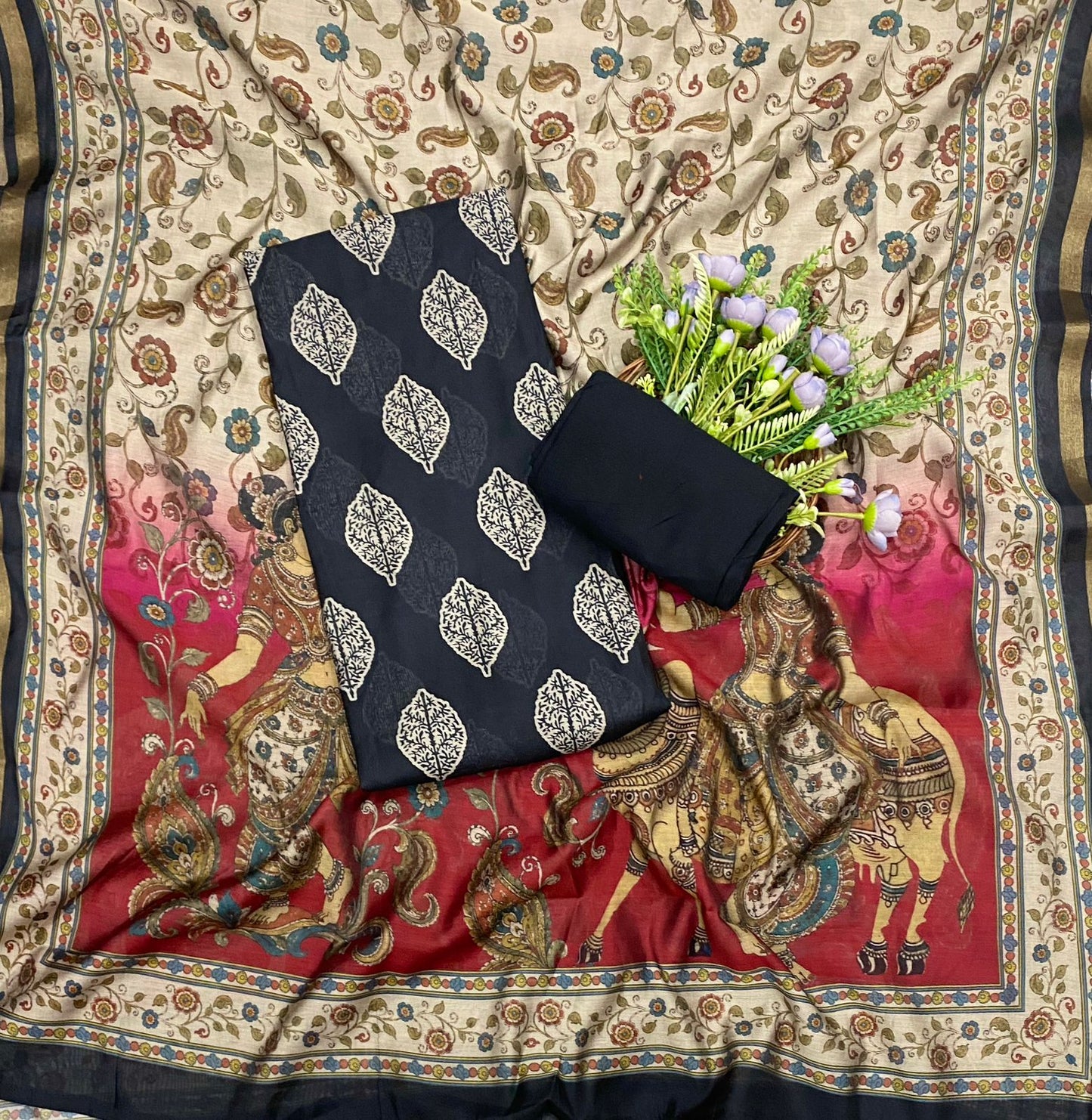 660C Maheshwari Black With Cream Suit Fabric / CKC Maheshwari Suits
