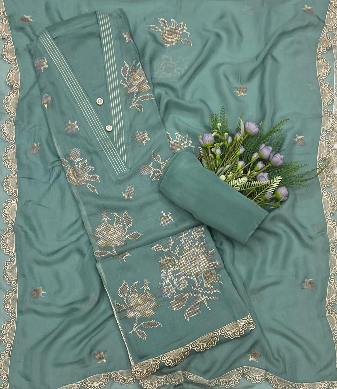 670C Organza Sea Blue Suit Fabric/ CKC Partywear Collection