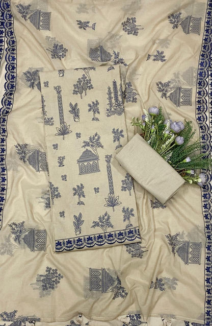 818C Mul Cotton Beige With Navy Blue Suit Fabric / CKC Mul Cotton