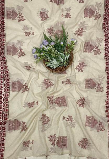 817C Mul Cotton Beige With Red Suit Fabric / CKC Mul Cotton
