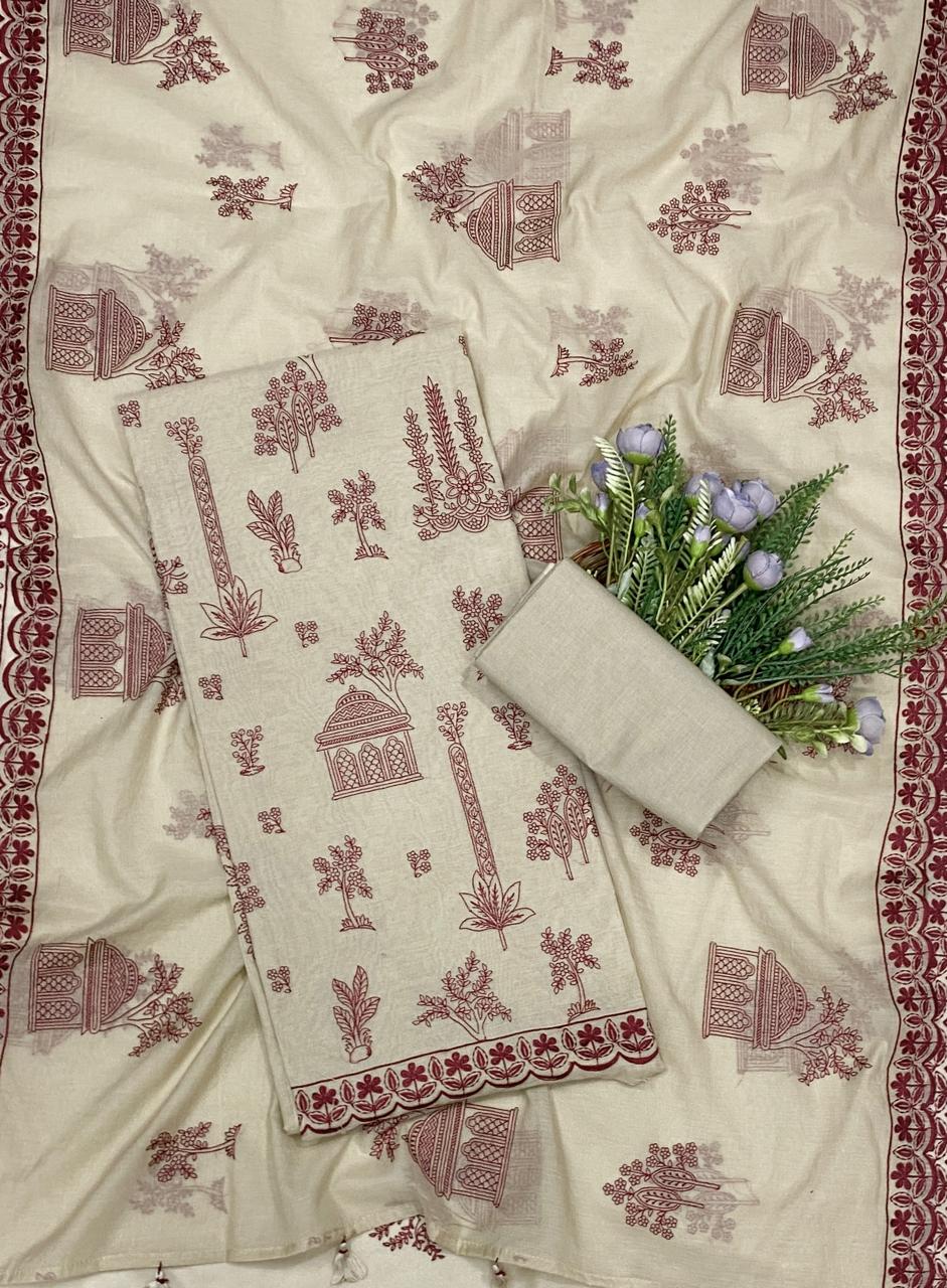 817C Mul Cotton Beige With Red Suit Fabric / CKC Mul Cotton