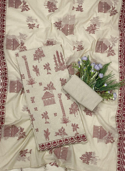 817C Mul Cotton Beige With Red Suit Fabric / CKC Mul Cotton