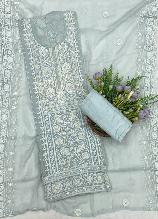Lakhnavi Georgette Light Sea Blue Suit Fabric - Studio CKC