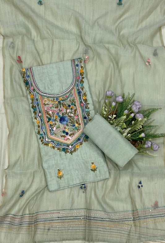 Mul Chanderi Green Suit Fabric - Studio CKC