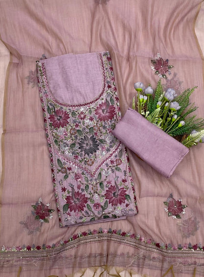 954C Mul Chanderi Lilac Suit Fabric/ CKC Mul Cotton