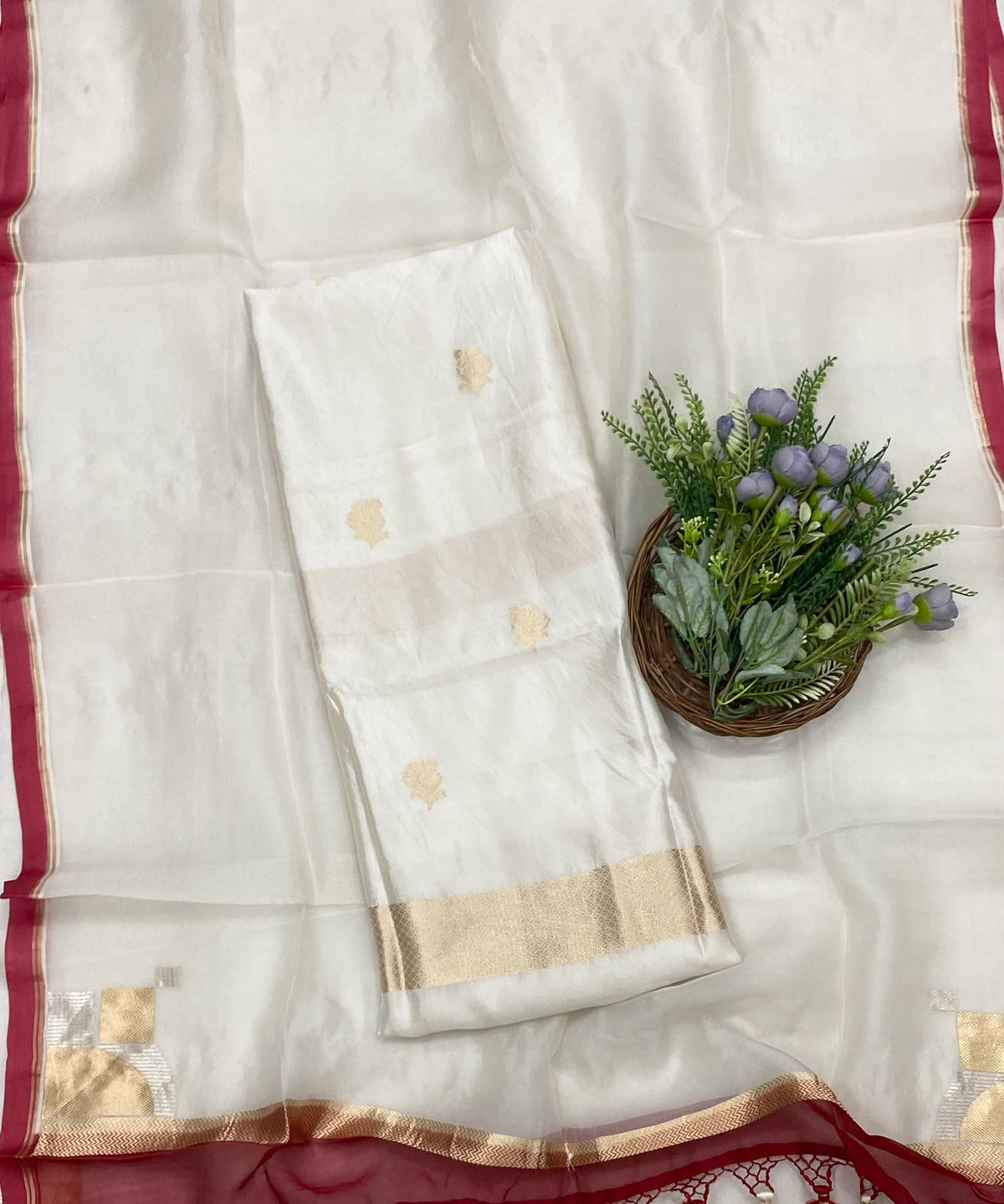 Pure Silk Off White With Red Suit Fabric - Studio CKC