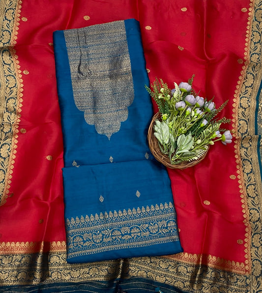 Pure Raw Silk Teal Blue With Red Suit Fabric - Studio CKC