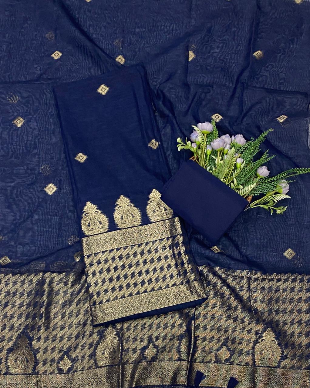 83D Jamdani Navy Blue Suit Fabric / CKC Jamdani Suits