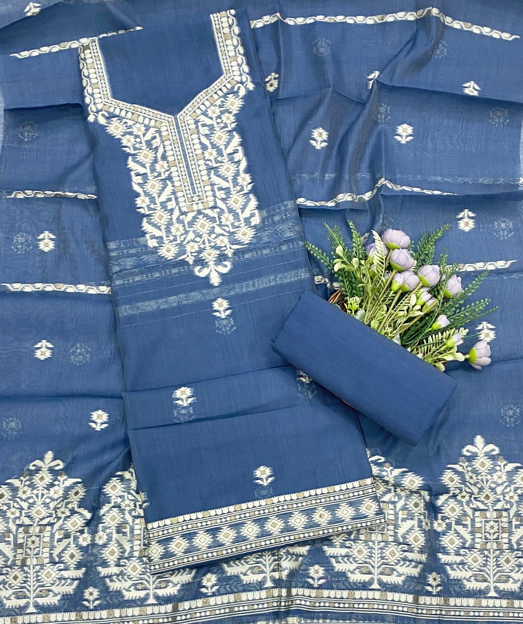 48D Jamdani Denim Blue Suit Fabric / CKC Jamdani Suits