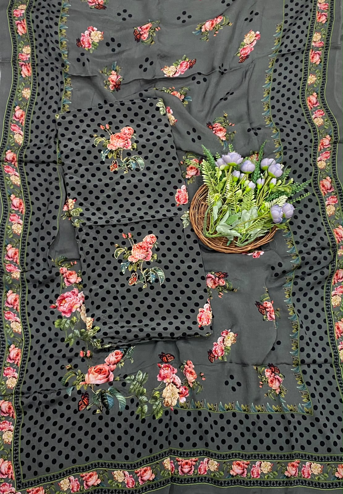 147D Crepe Polka Dark Grey Suit Fabric/ CKC Polka Story