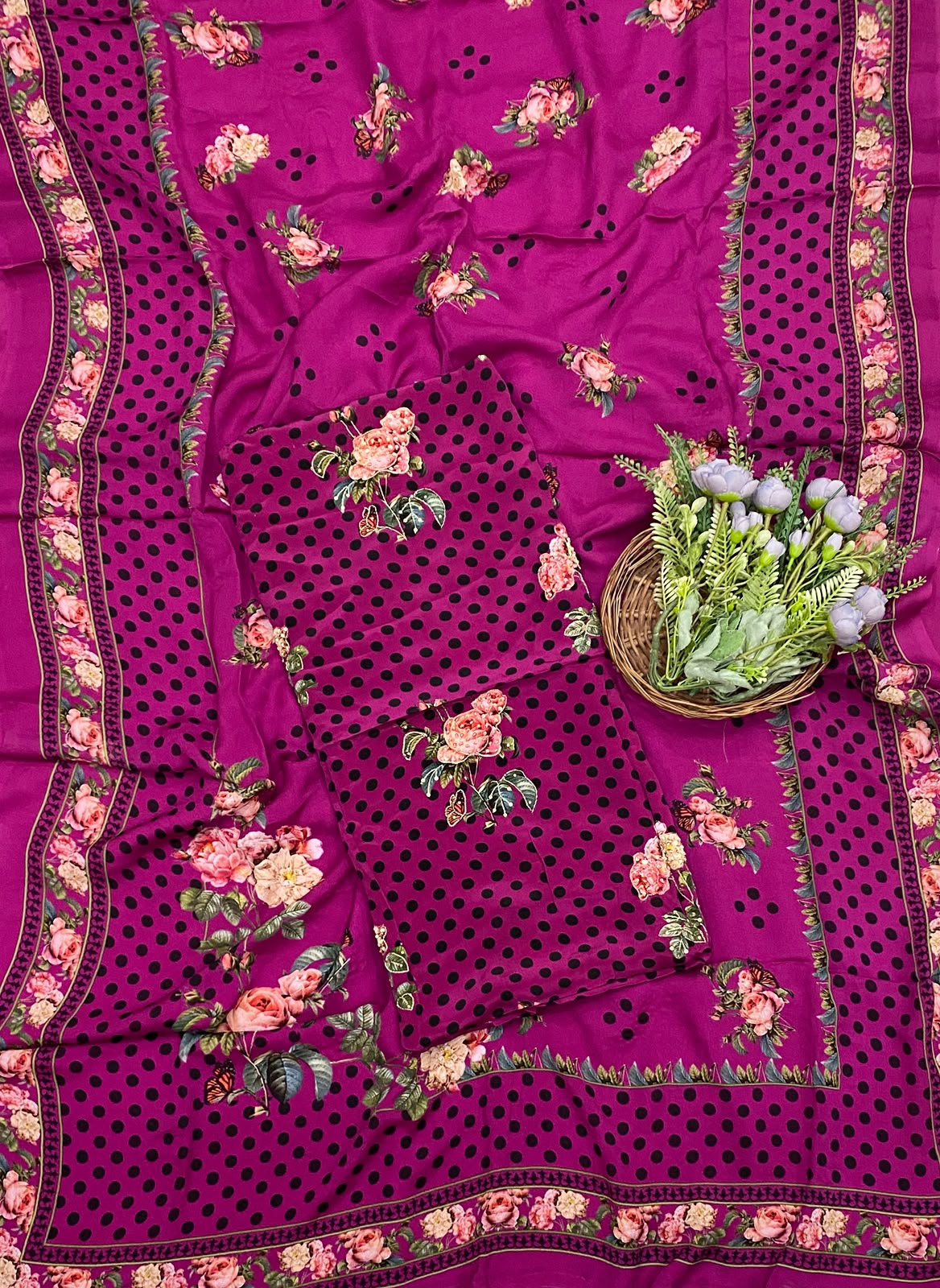 146D Crepe Polka Dark Pink Suit Fabric/ CKC Polka Story