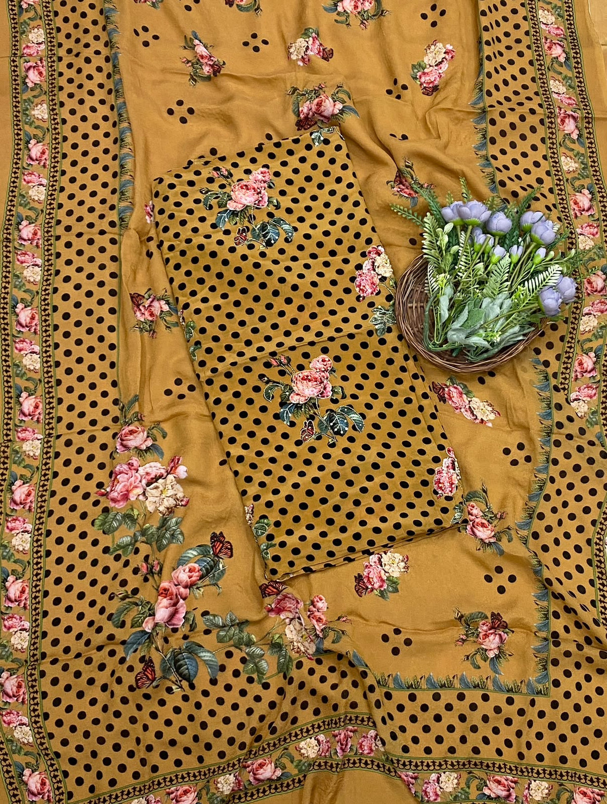 149D Crepe Polka Mustard Suit Fabric/ CKC Polka Story