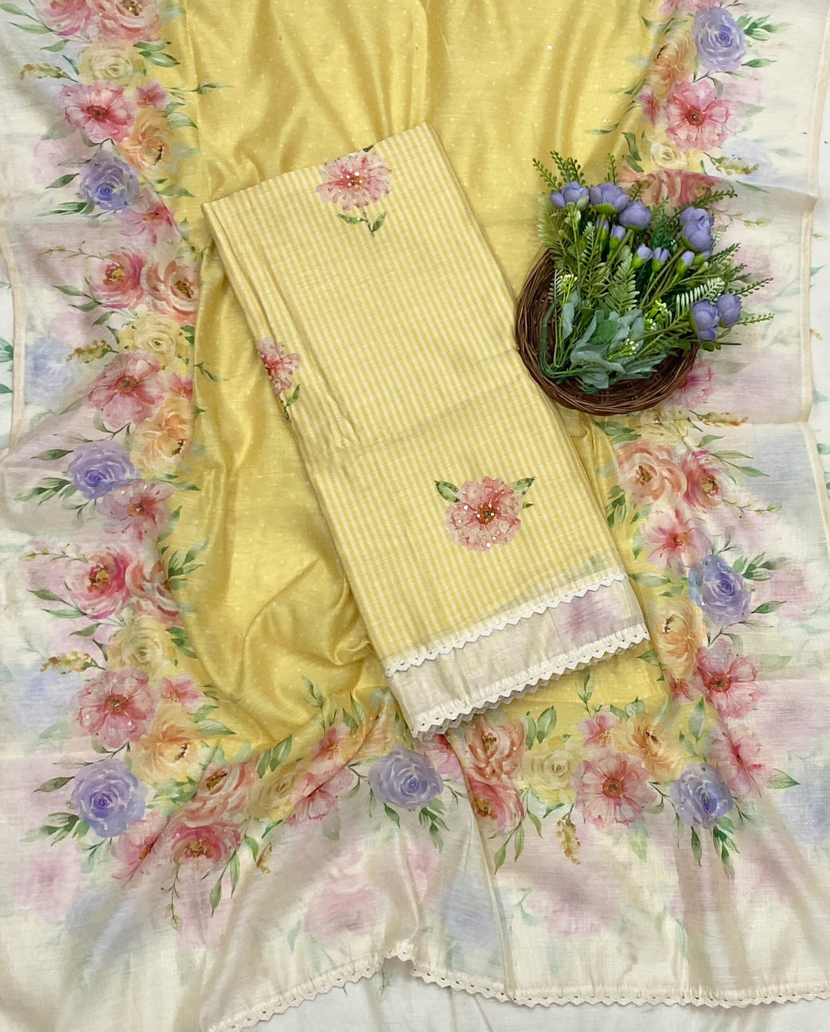 102D Mul Cotton Off White With Lemon Suit Fabric / CKC Mul Cotton