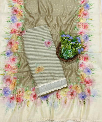 101D Mul Cotton Off White With Green Suit Fabric / CKC Mul Cotton