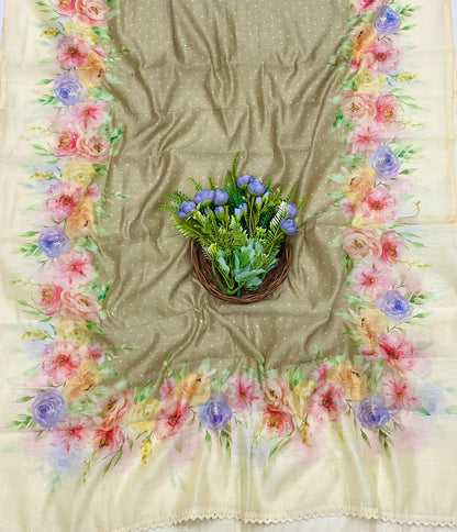 101D Mul Cotton Off White With Green Suit Fabric / CKC Mul Cotton