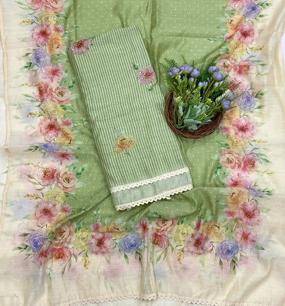 104D Mul Cotton Off White With Green Suit Fabric / CKC Mul Cotton