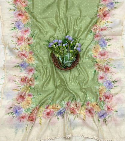 104D Mul Cotton Off White With Green Suit Fabric / CKC Mul Cotton