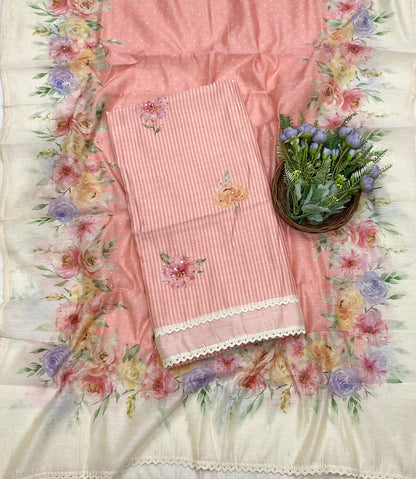 103D Mul Cotton Off White With Pink Suit Fabric / CKC Mul Cotton