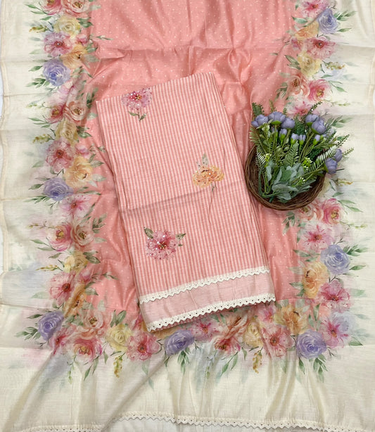 Mul Cotton Off White With Pink Suit Fabric - Studio CKC