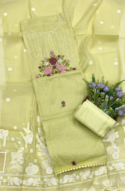 135D Mul Cotton Dusty Lemon Green Suit Fabric / CKC Mul Cotton