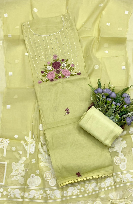 Mul Cotton Dusty Lemon Green Suit Fabric - Studio CKC