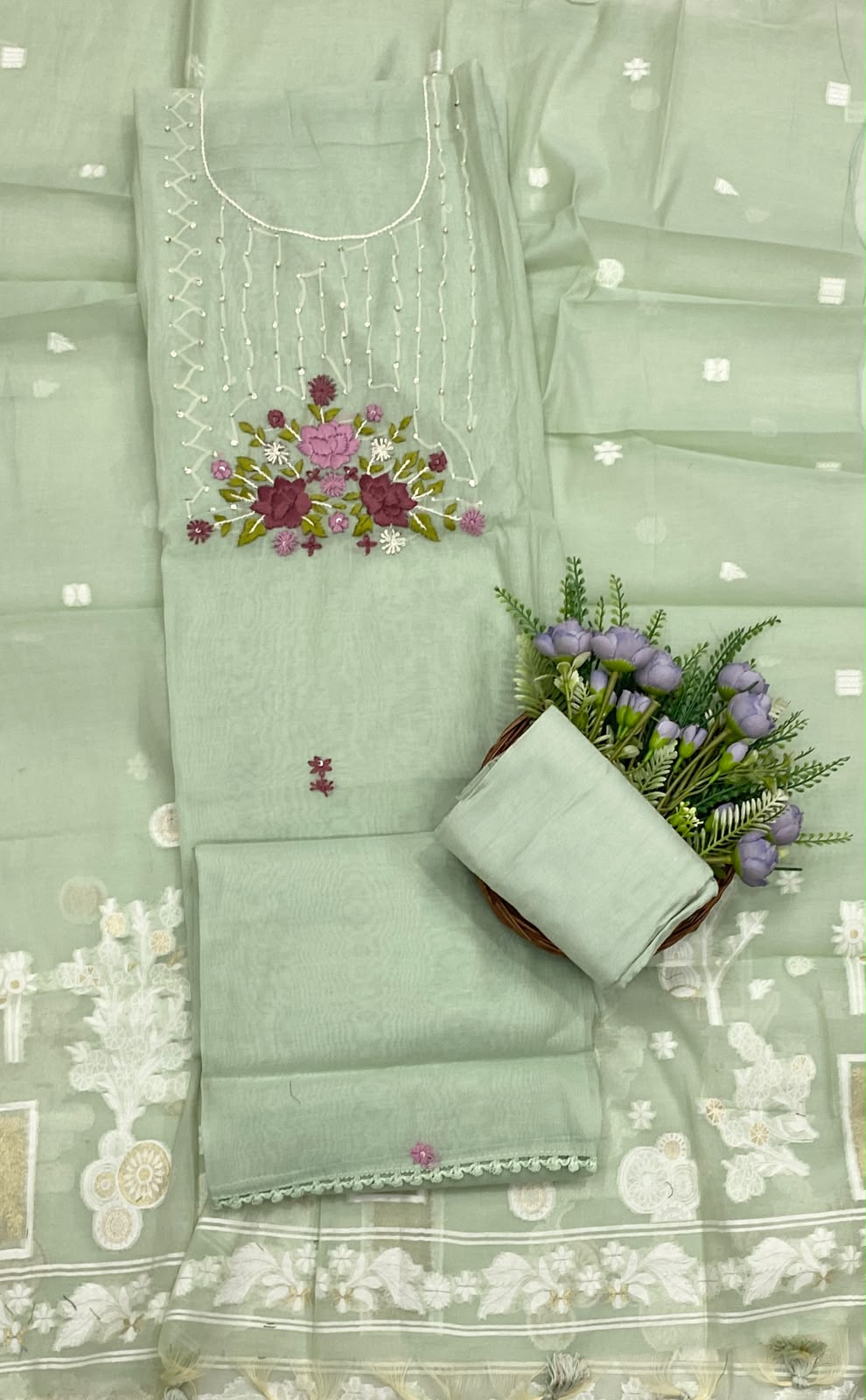 137D Mul Cotton Dusty Pista Green Suit Fabric / CKC Mul Cotton