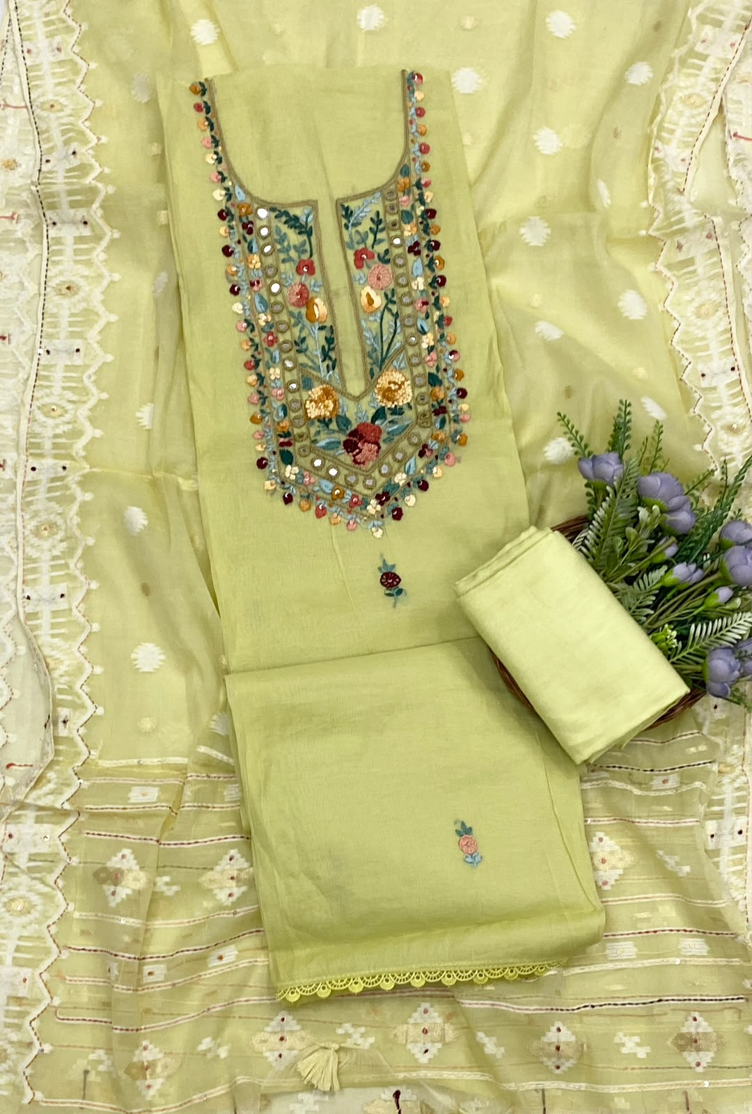 128D Mul Cotton Dusty Lemon Green Suit Fabric / CKC Mul Cotton