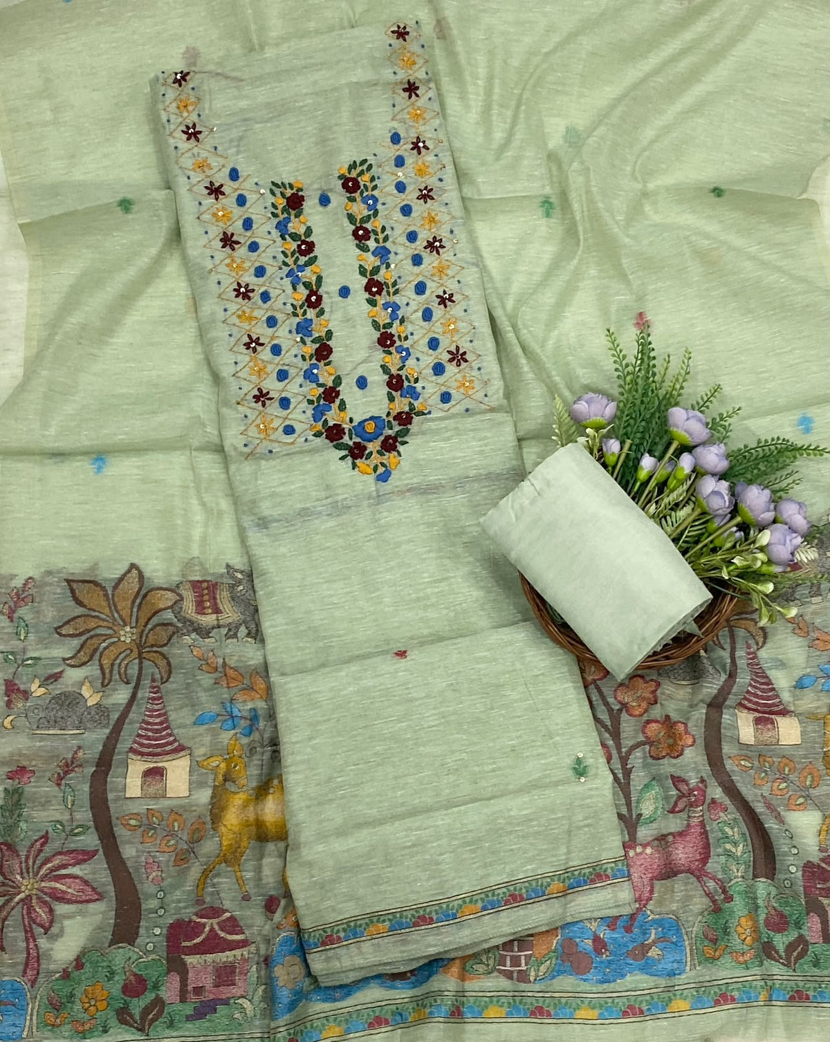 155D Mul Chanderi Dusty Pista Green Suit Fabric/ CKC Mul Cotton