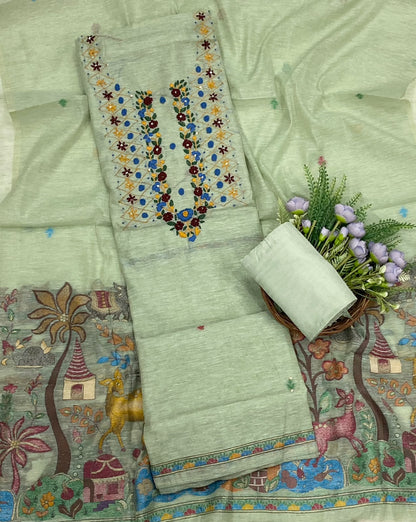 155D Mul Chanderi Dusty Pista Green Suit Fabric/ CKC Mul Cotton