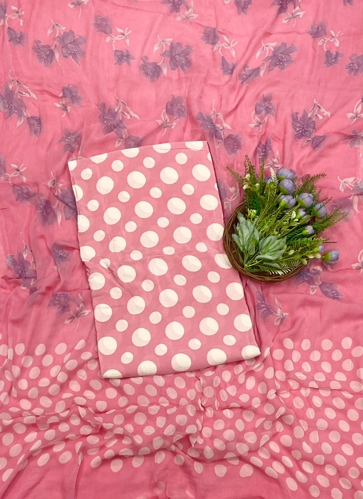 113D Crepe Polka Pink Suit Fabric/ CKC Polka Story