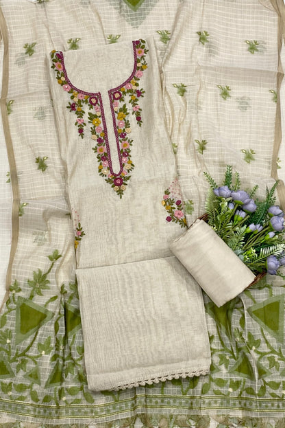 132D Mul Chanderi Beige With Green Suit Fabric/ CKC Mul Cotton