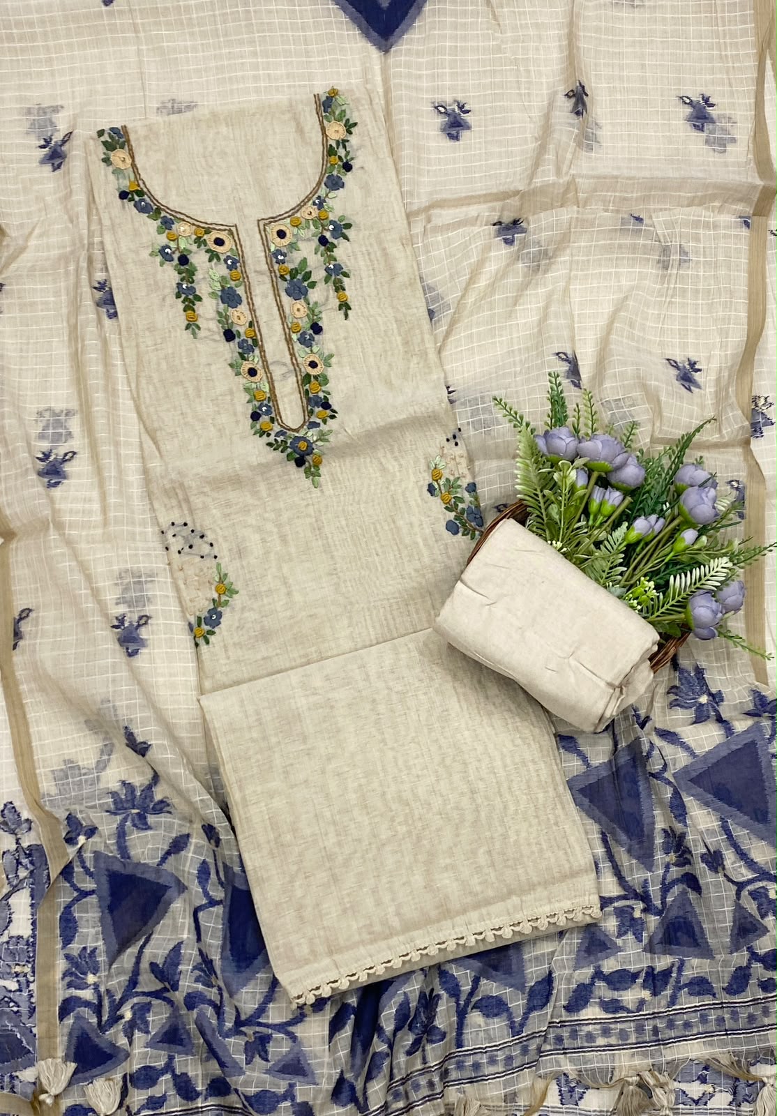 133D Mul Chanderi Beige With Navy Blue Suit Fabric/ CKC Mul Cotton