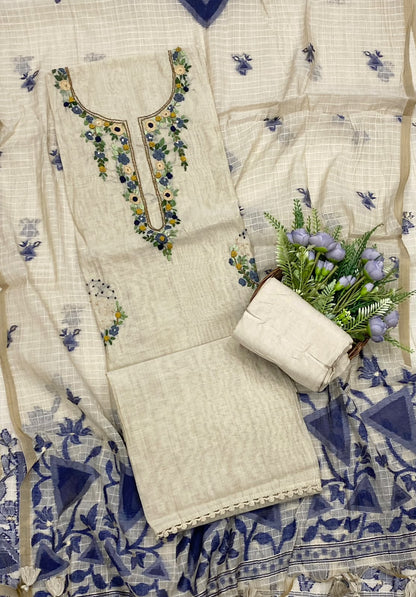 133D Mul Chanderi Beige With Navy Blue Suit Fabric/ CKC Mul Cotton