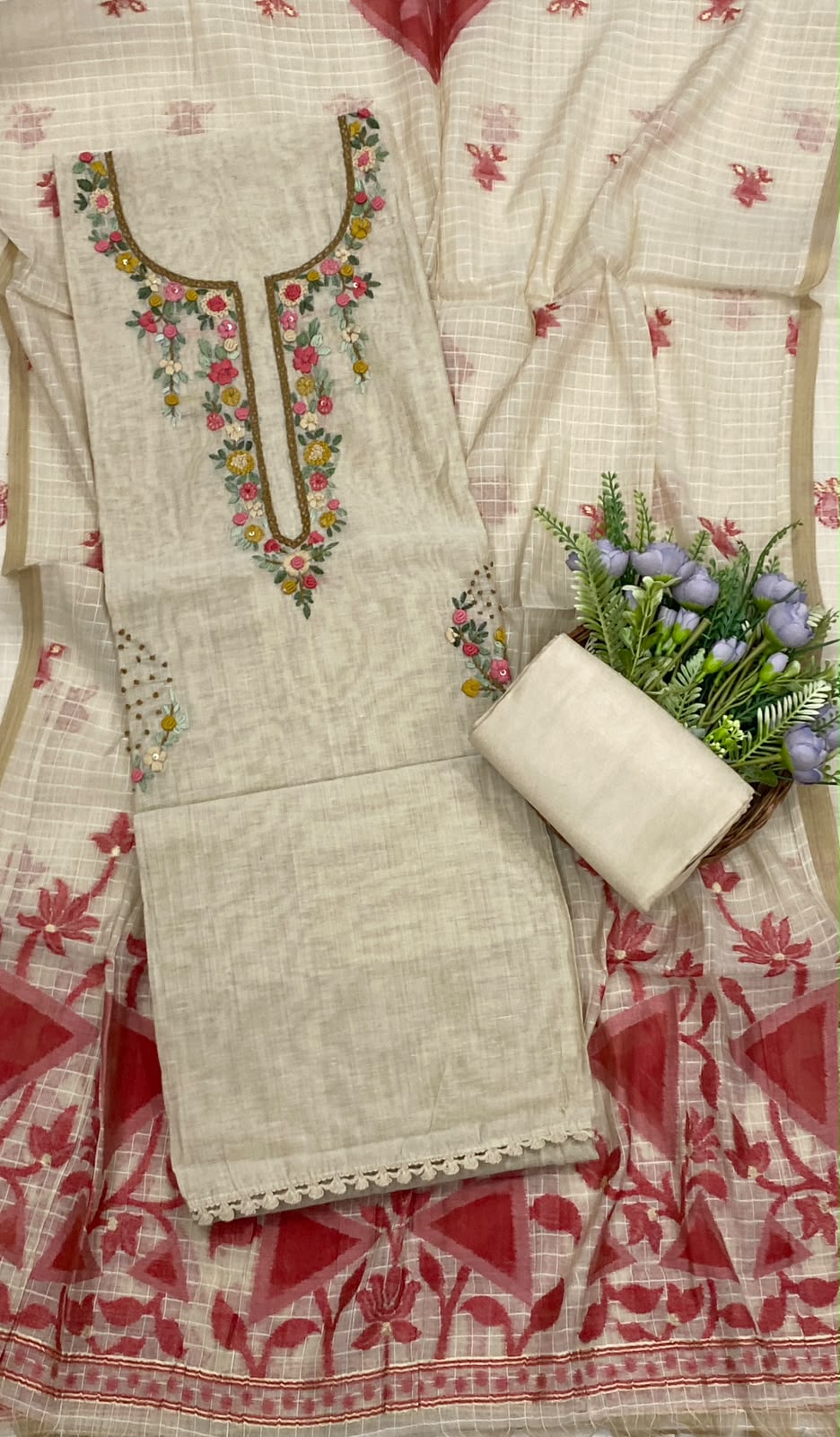 134D Mul Chanderi Beige With Carrot Suit Fabric/ CKC Mul Cotton