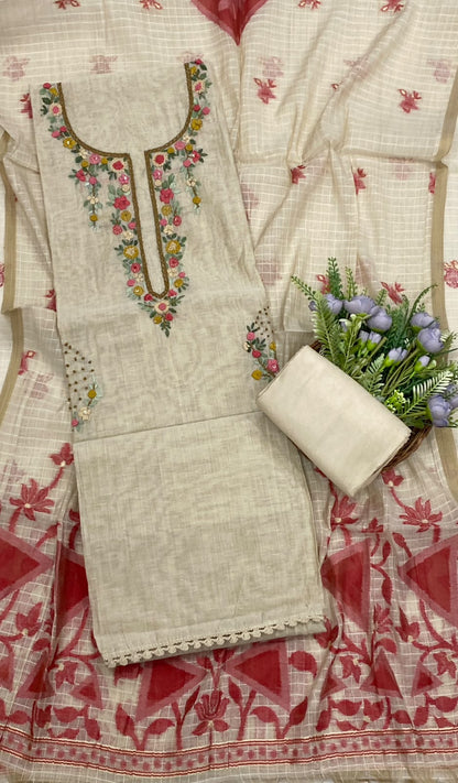 134D Mul Chanderi Beige With Carrot Suit Fabric/ CKC Mul Cotton
