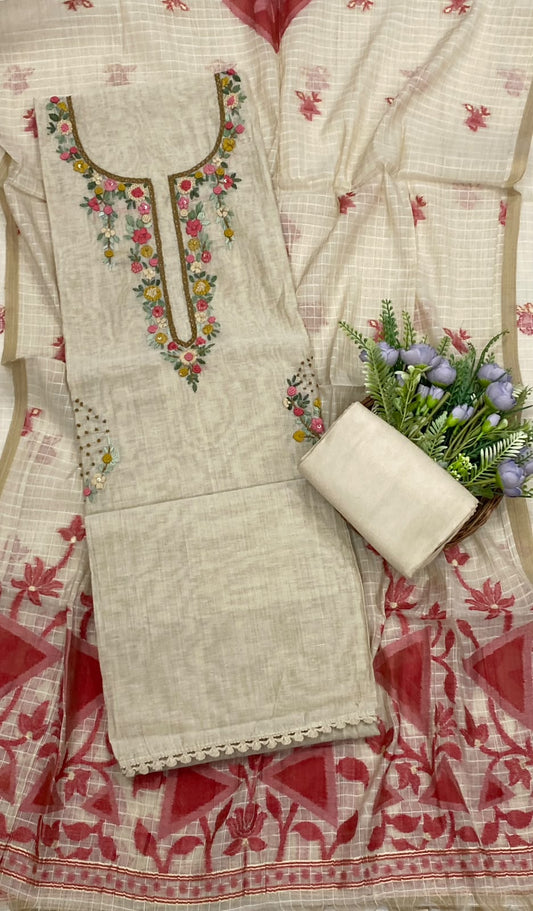Mul Chanderi Beige With Carrot Suit Fabric - Studio CKC