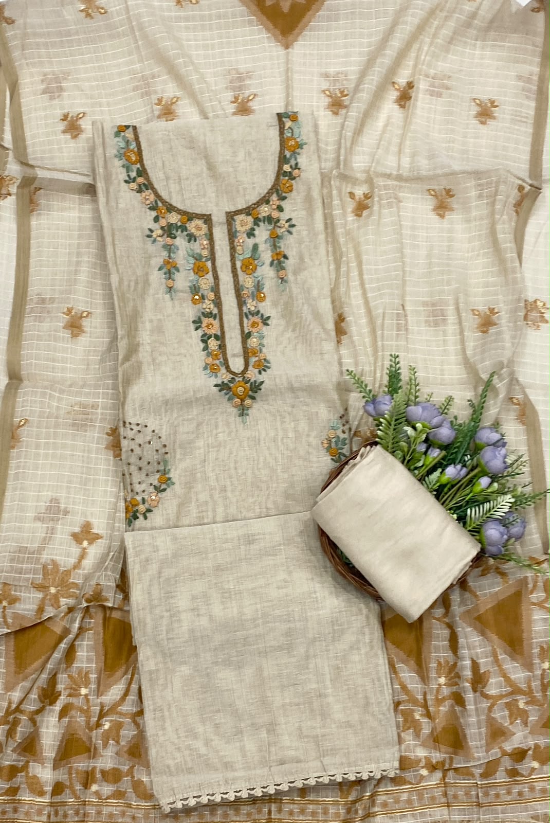 131D Mul Chanderi Beige With Mustard Suit Fabric/ CKC Mul Cotton