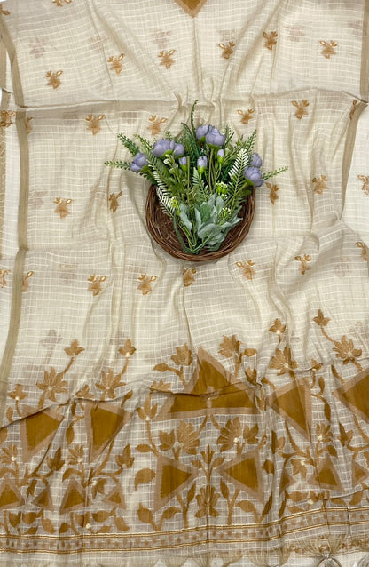 131D Mul Chanderi Beige With Mustard Suit Fabric/ CKC Mul Cotton