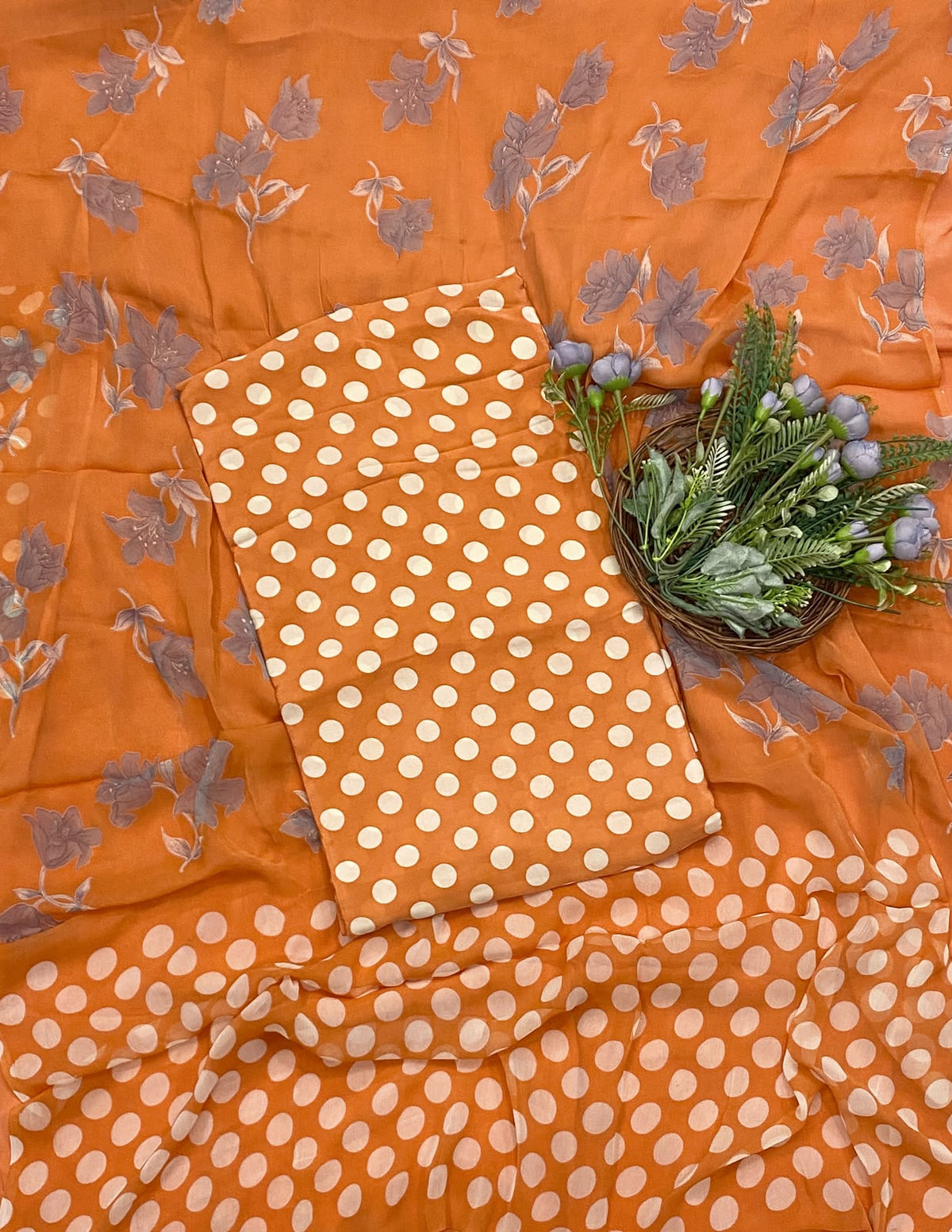 164D Crepe Polka Orange Suit Fabric/ CKC Polka Story