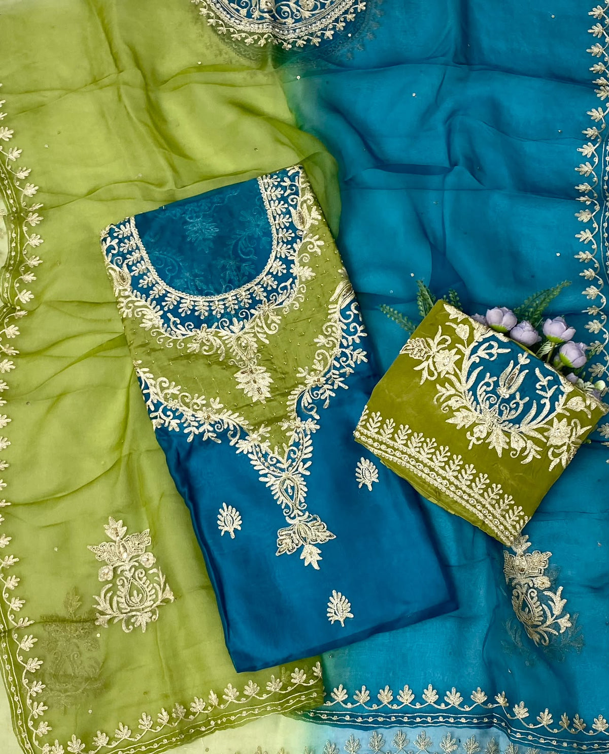 184D Pure Organza Dark Sea Blue With Green Suit Fabric/ CKC Partywear Collection