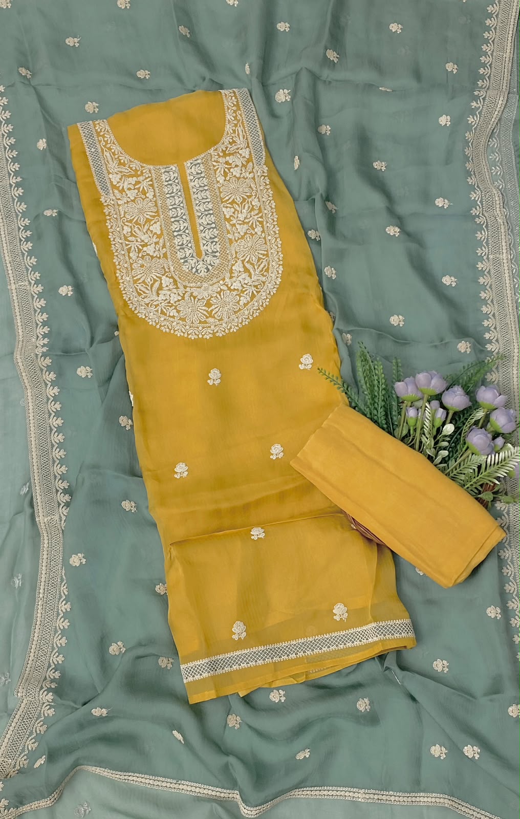 192D Pure Twill Organza Yellow With Sea Green Suit Fabric/ CKC Partywear Collection