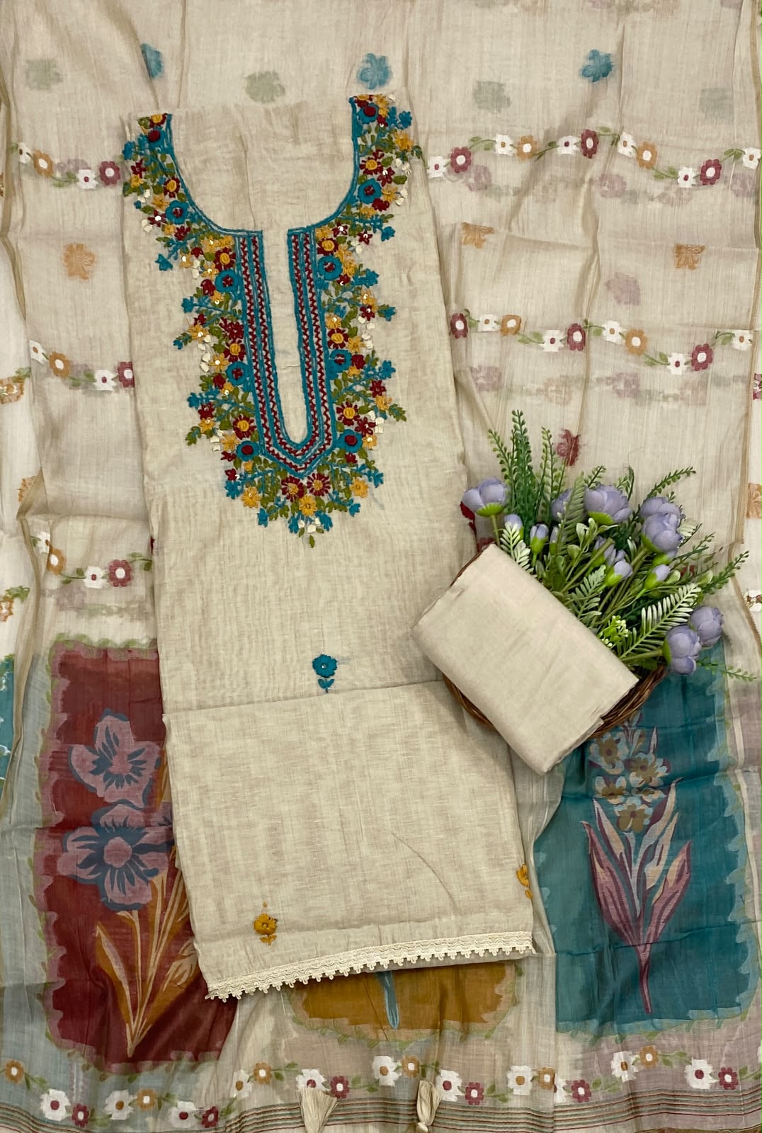 141D Mul Chanderi Beige Suit Fabric/ CKC Mul Cotton