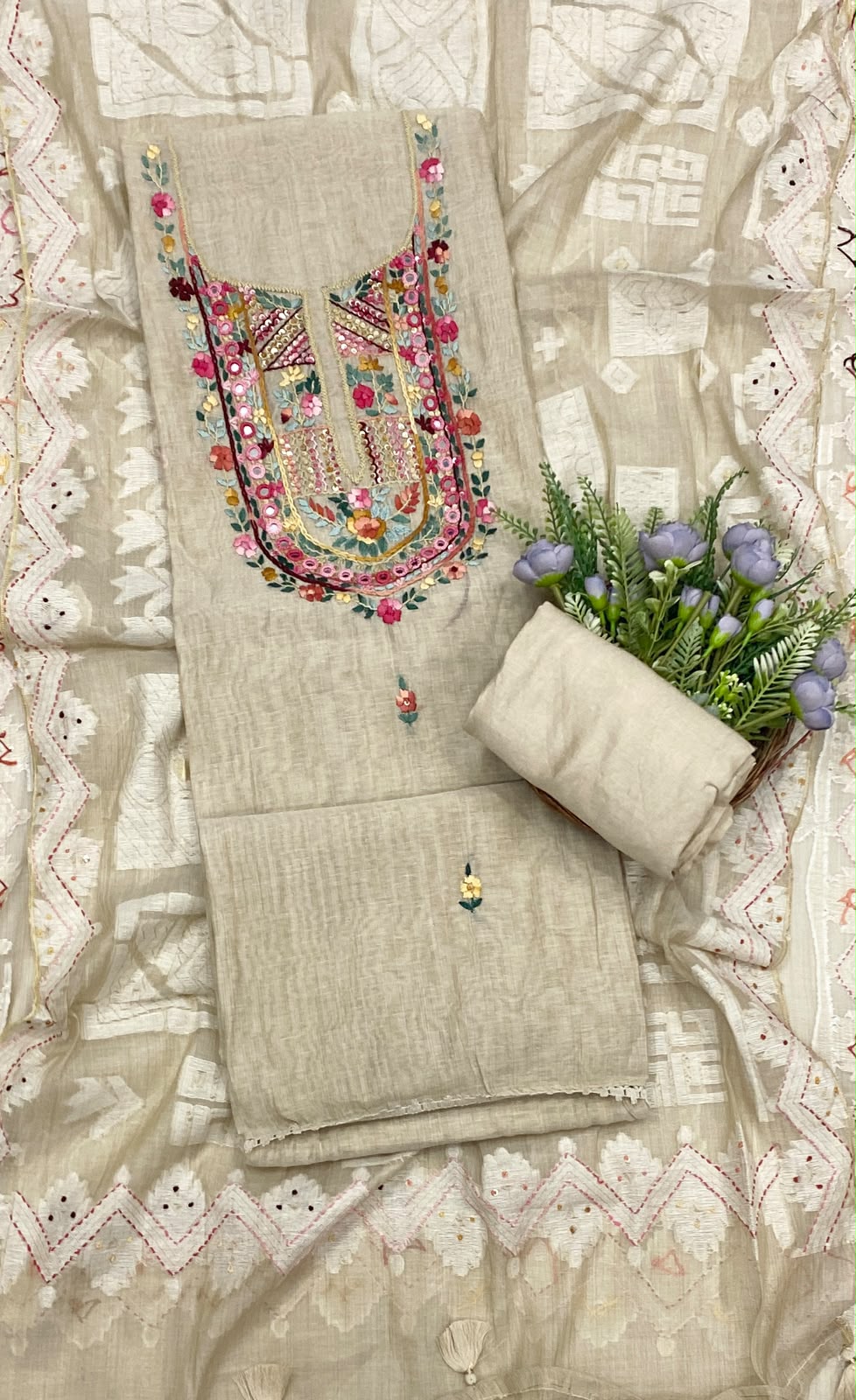 142D Mul Chanderi Beige Suit Fabric/ CKC Mul Cotton