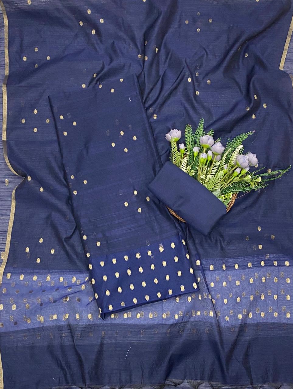 71D Jamdani Navy Blue Suit Fabric / CKC Jamdani Suits