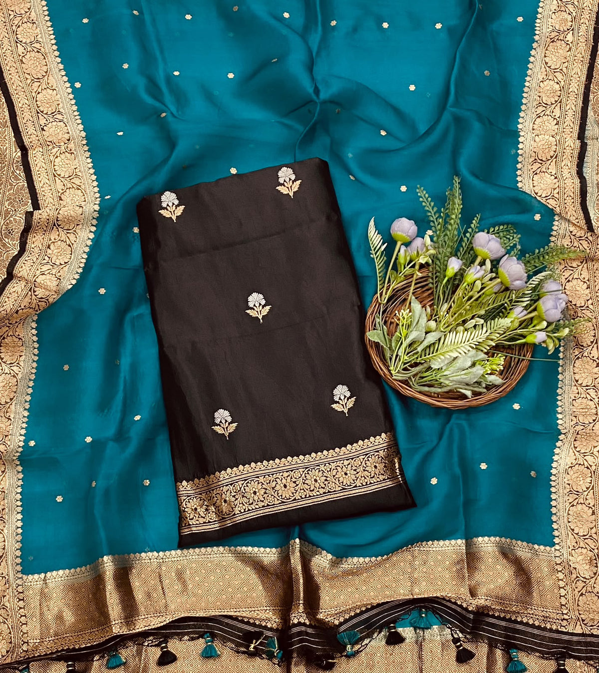 225D Pure Silk Black With Peacock Blue Suit Fabric/ CKC Banarasi Edit