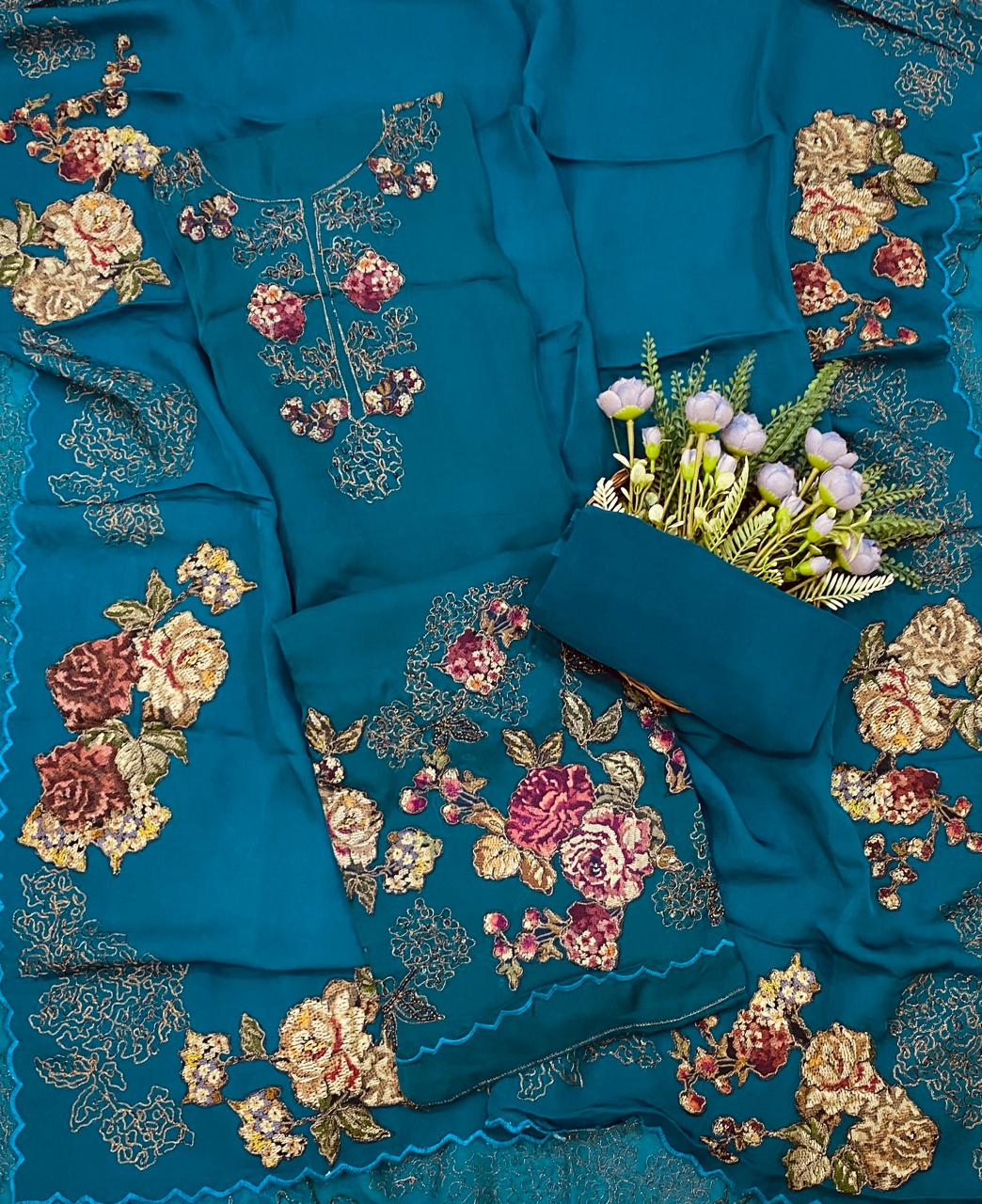 259D Pure Twill Organza Peacock Blue Suit Fabric/ CKC Partywear Collection